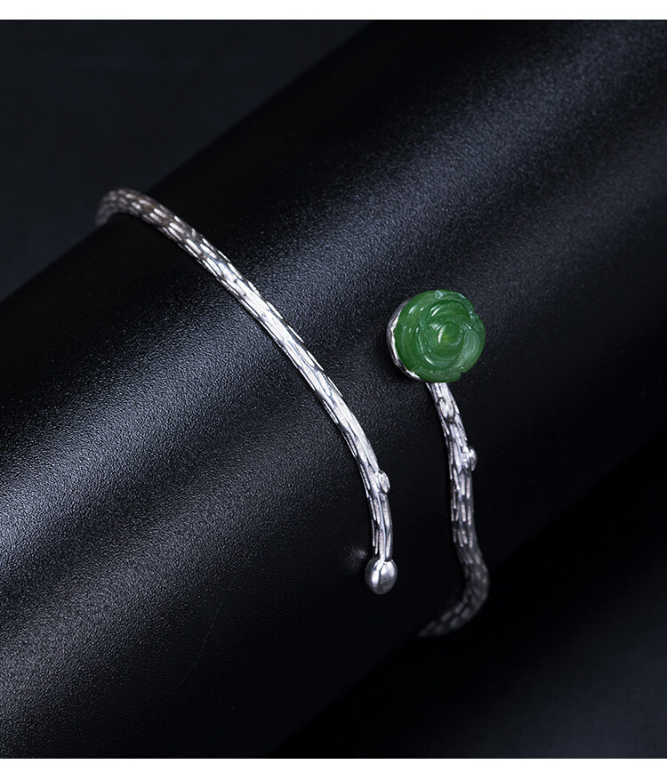 I04 Green Jade Rose Branch Bangle Bracelet 57mm Sterling Silver 925