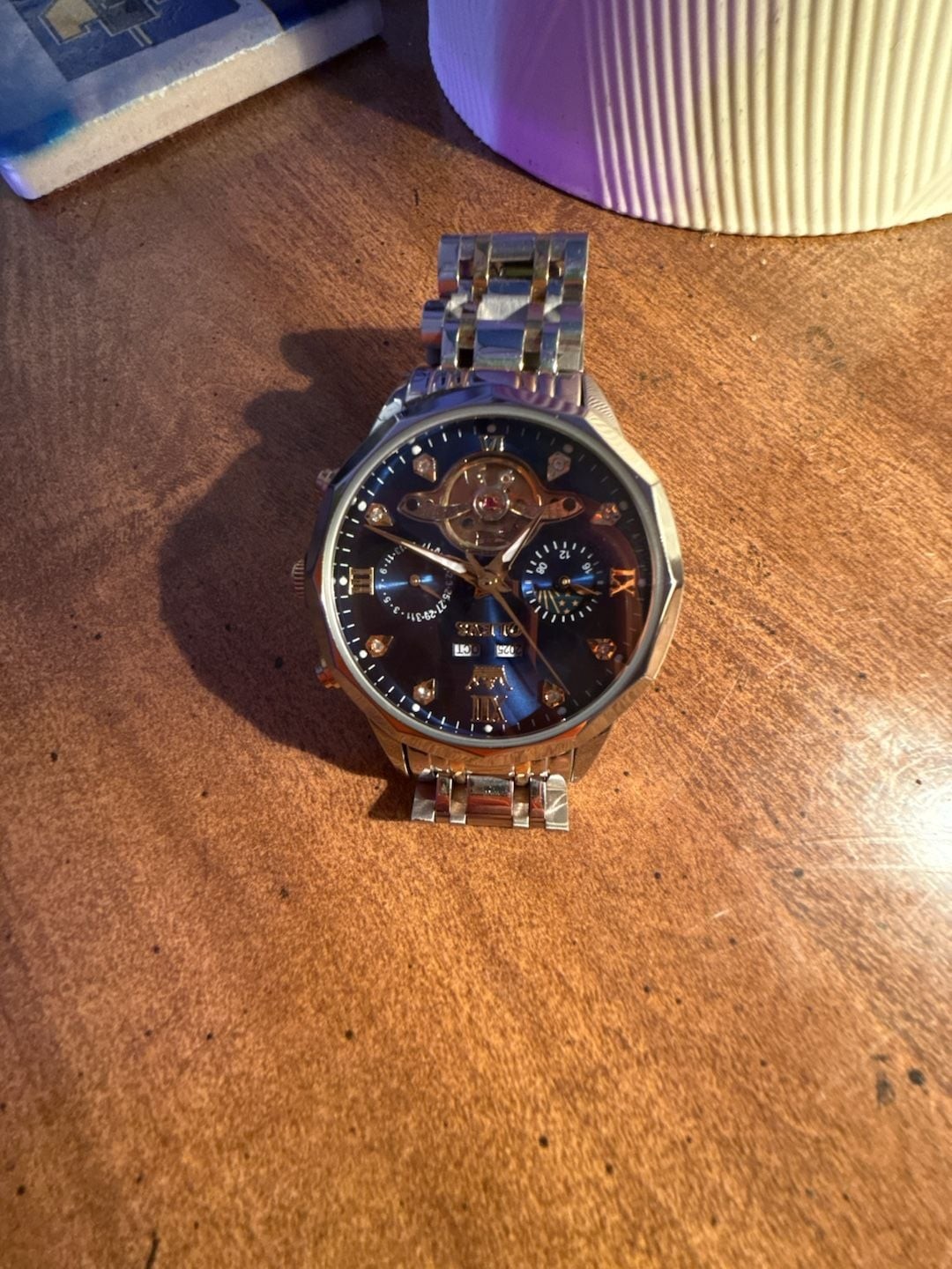 OLEVS 6621 Automatic Mechanical Skeleton Wristwatch with Stainless Steel Band an