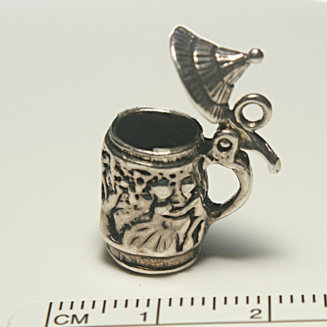 sterling silver beer stein charm, 20mm, 6.03g, hinged lid opens