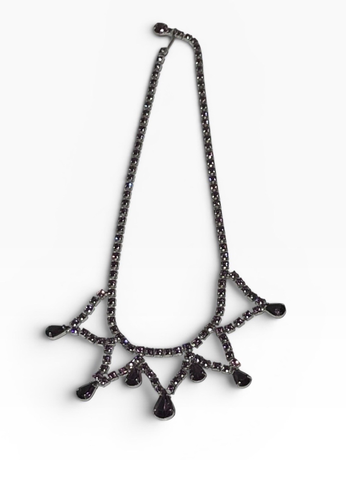 Vintage Purple Rhinestone Festoon Necklace Silver Tone Teardrop Dangle 16”
