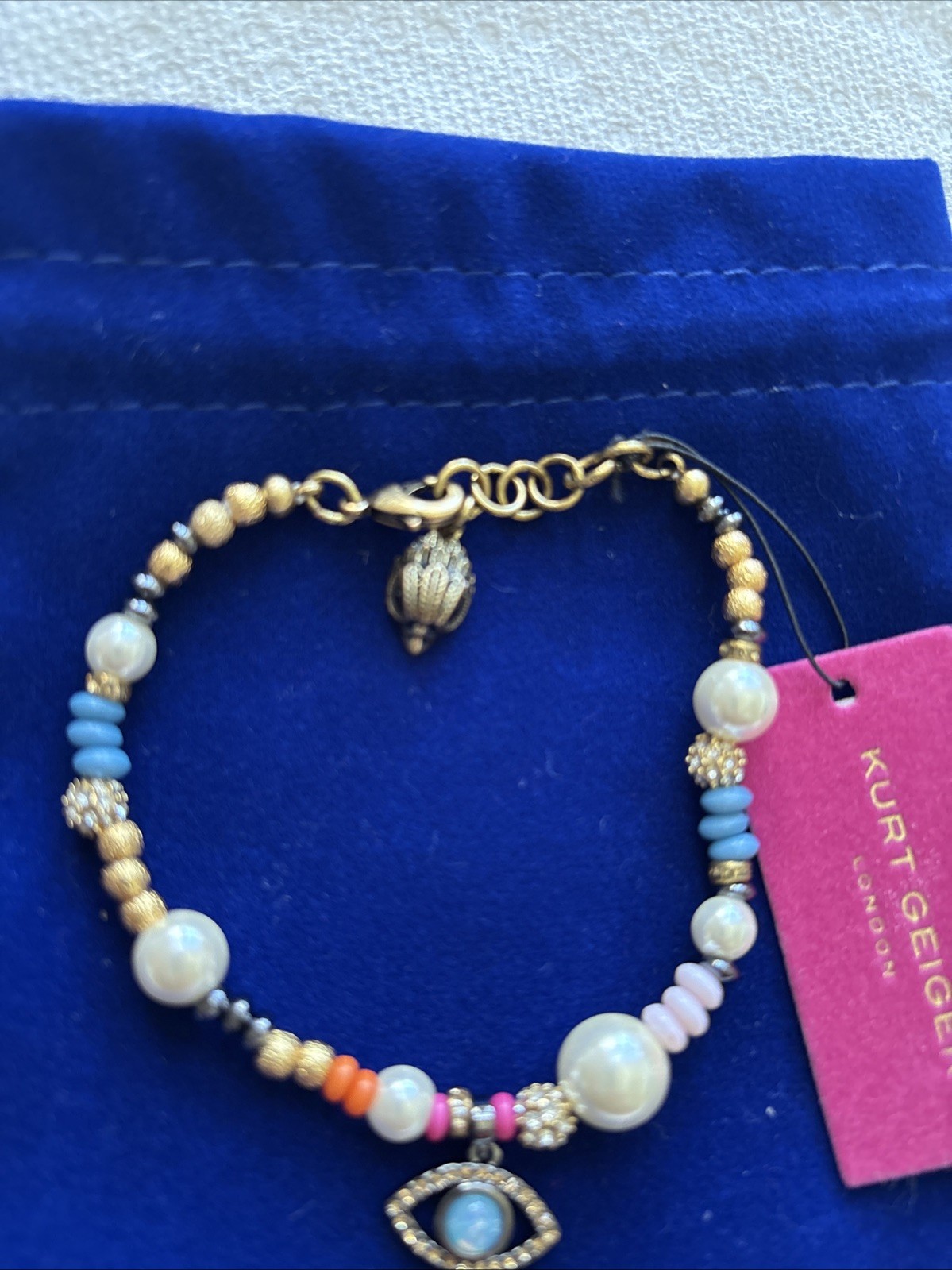 Kurt Geiger LondonBoho Evil Eye Charm Pearl Strand Line Bracelet Multi Color New