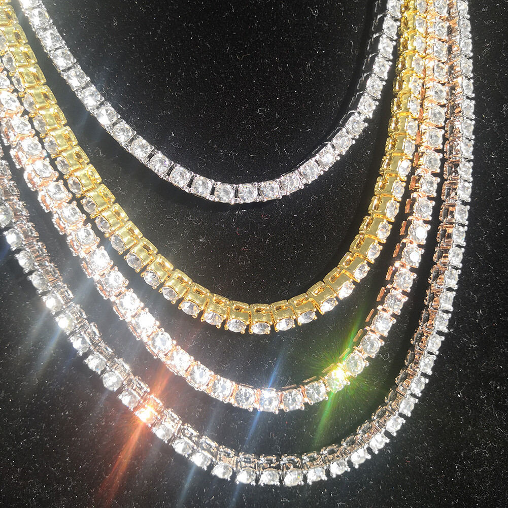 18″-30″ Hip Hop White Zircon Tennis Chain Necklace Gold Plated Men Women Gift