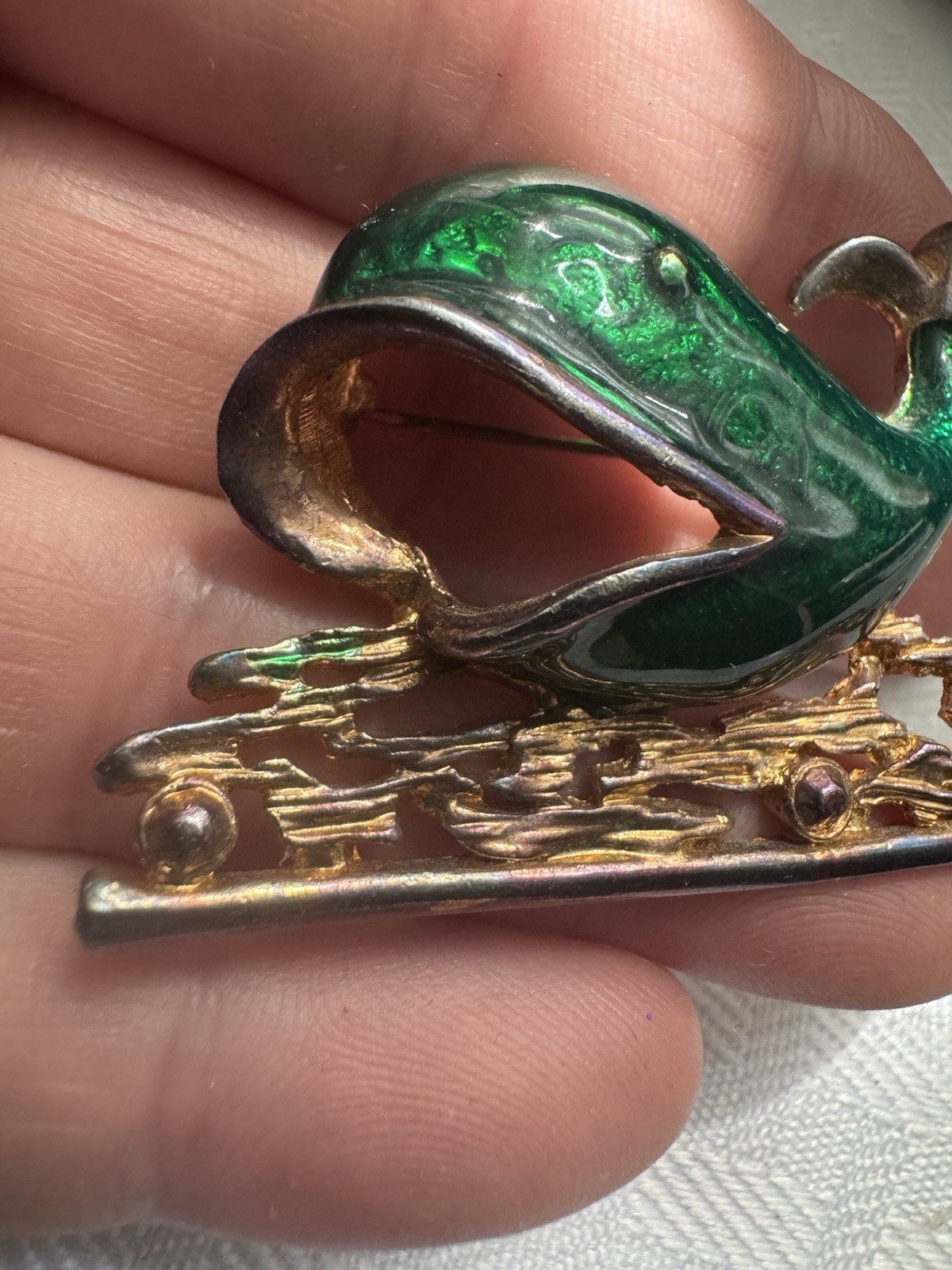 Vintage Enameled Sea Worthy Green Gold Tone Whale Pin Nautical Pin Brooch