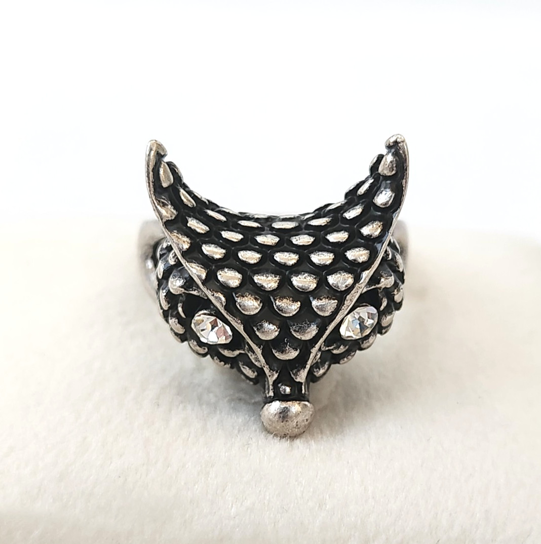 Vintage Silver Tone Fox Face Ring Cubic Zirconia Eyes Statement Jewelry Size 7