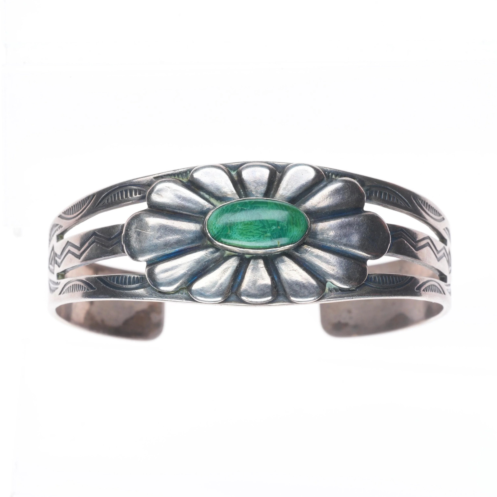 6.3″ c1940 Vintage Fred Harvey era sterling silver green turquoise cuff bracelet