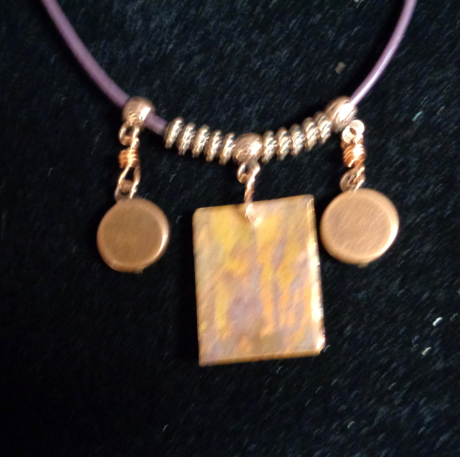 Artisan crafted,eclectic,18” necklace. Central handcrafted copper collage pendan