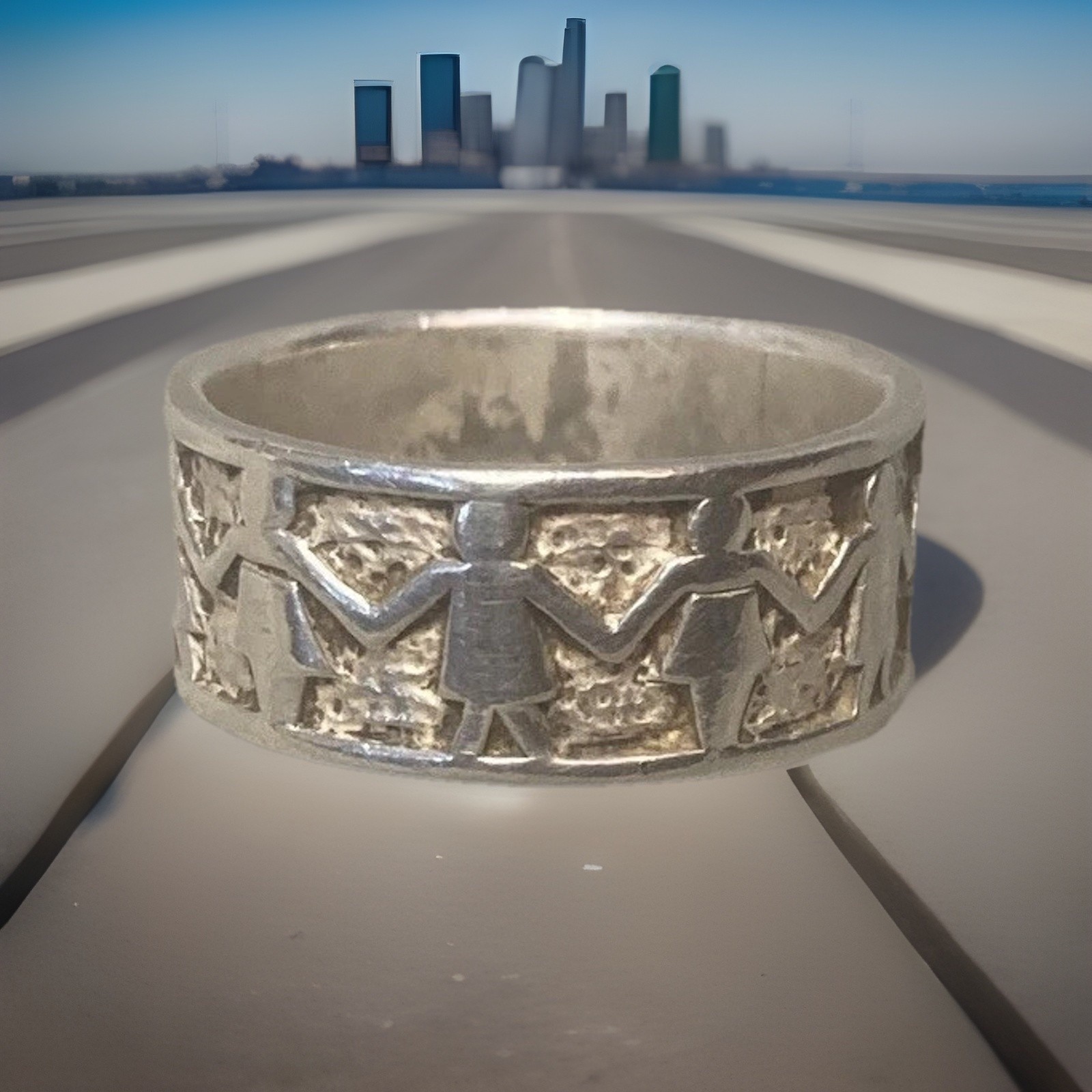 925 Fine Silver world friendship ring Wide Band 8.7mm thick .59mm Silver 5.3g.