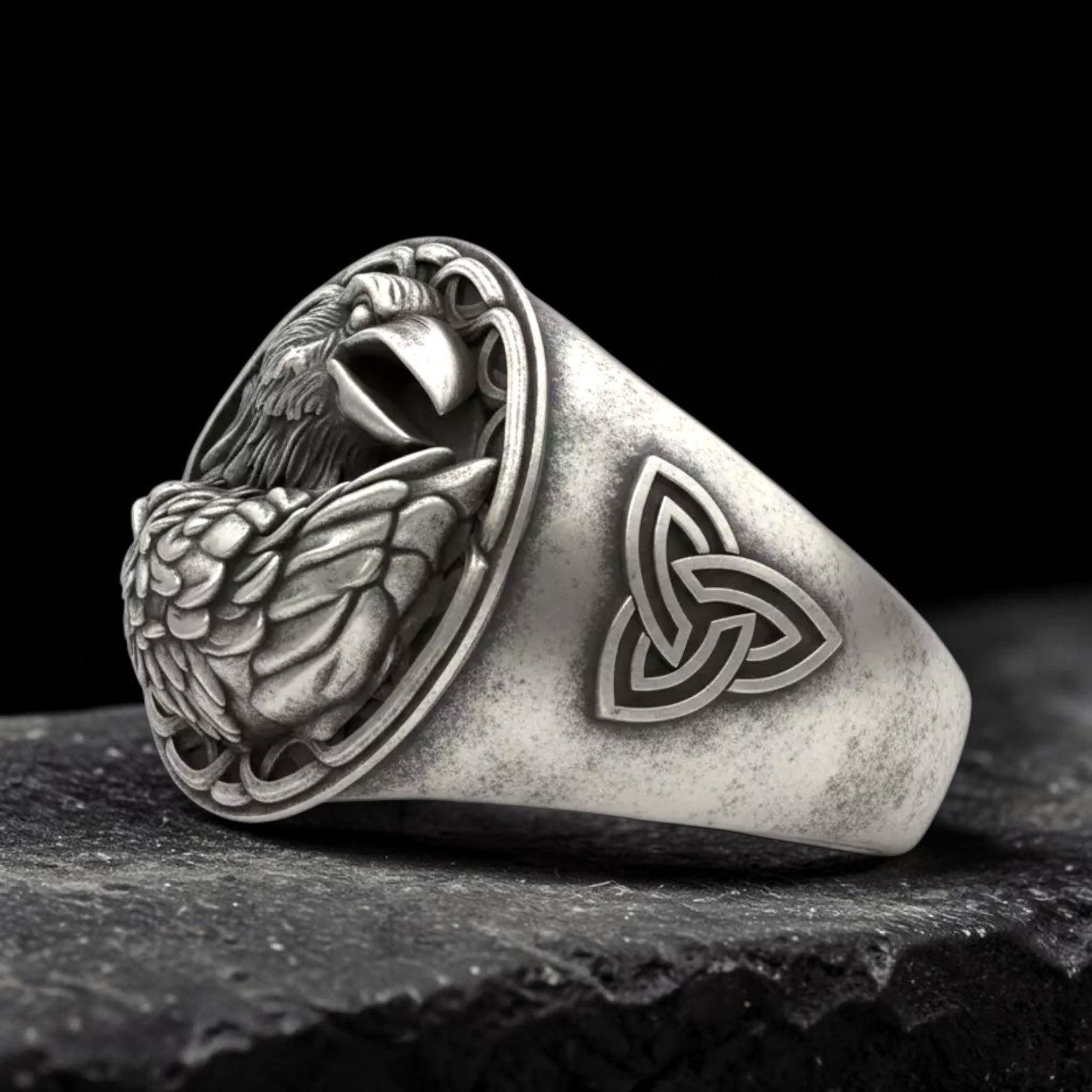 Sterling Silver Viking Raven Ring, Odin Huginn Muninn Norse Signet, Celtic Knot