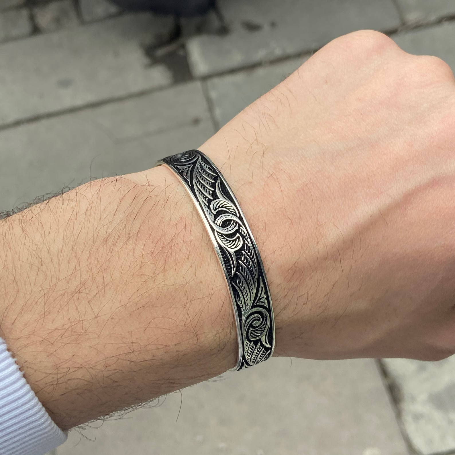 Men Silver Cuff Bracelet Engraved Adjustable Silver Embroidered Bracelet