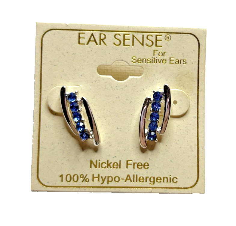 Ear Sense Hypo Allergenic Silvertone Stud Pierced Earrings Blue Crystals NWT