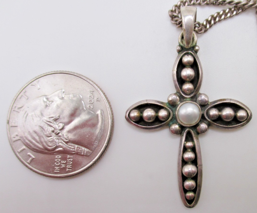 Silpada Sterling Silver Contemporary Credence Pearl Cross Pendant 24″ 925 chain