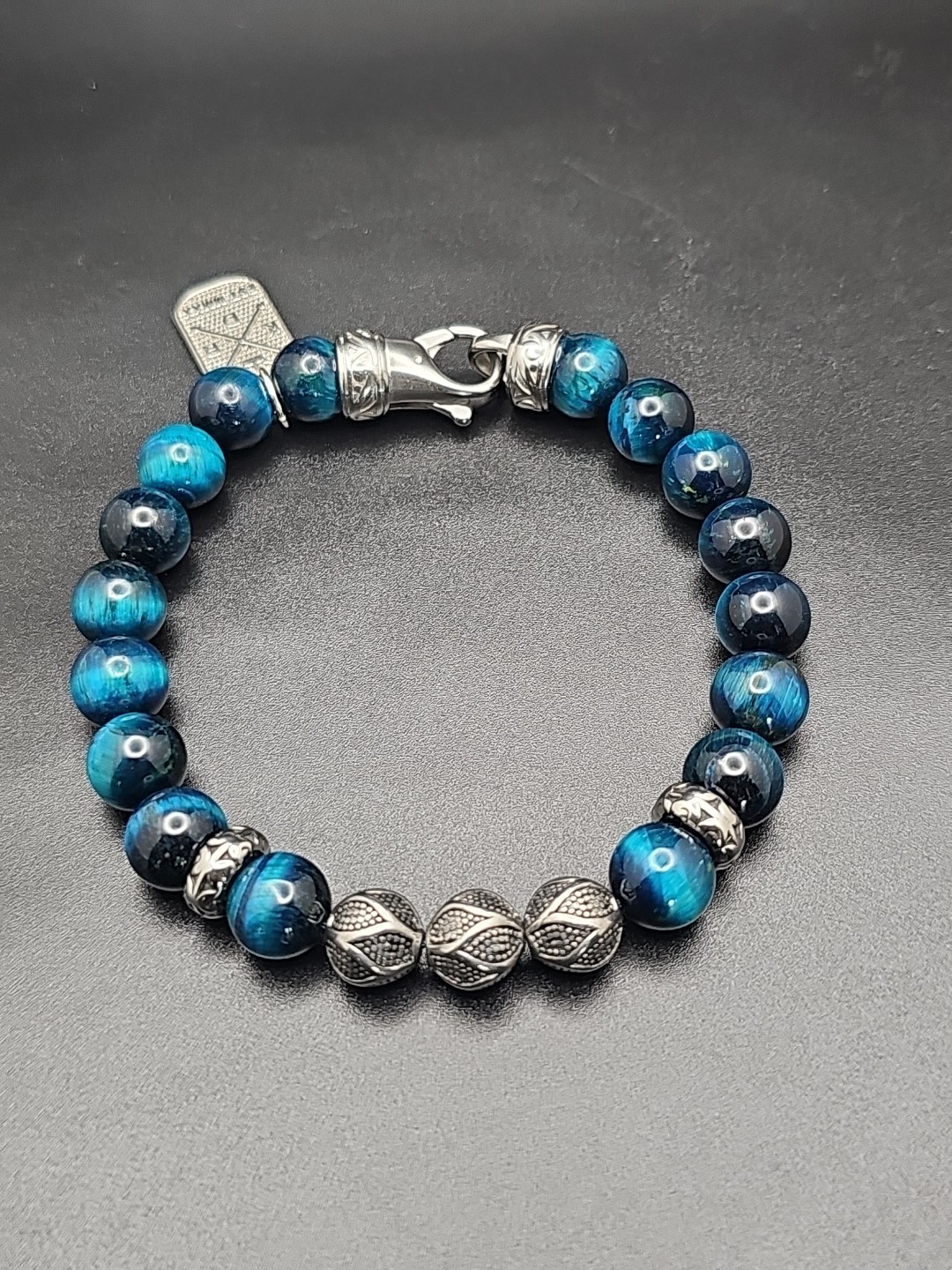 10mm Hand Made Deep Blue Tigers Eye Beaded Bracelet with Stainless Steel Clasp