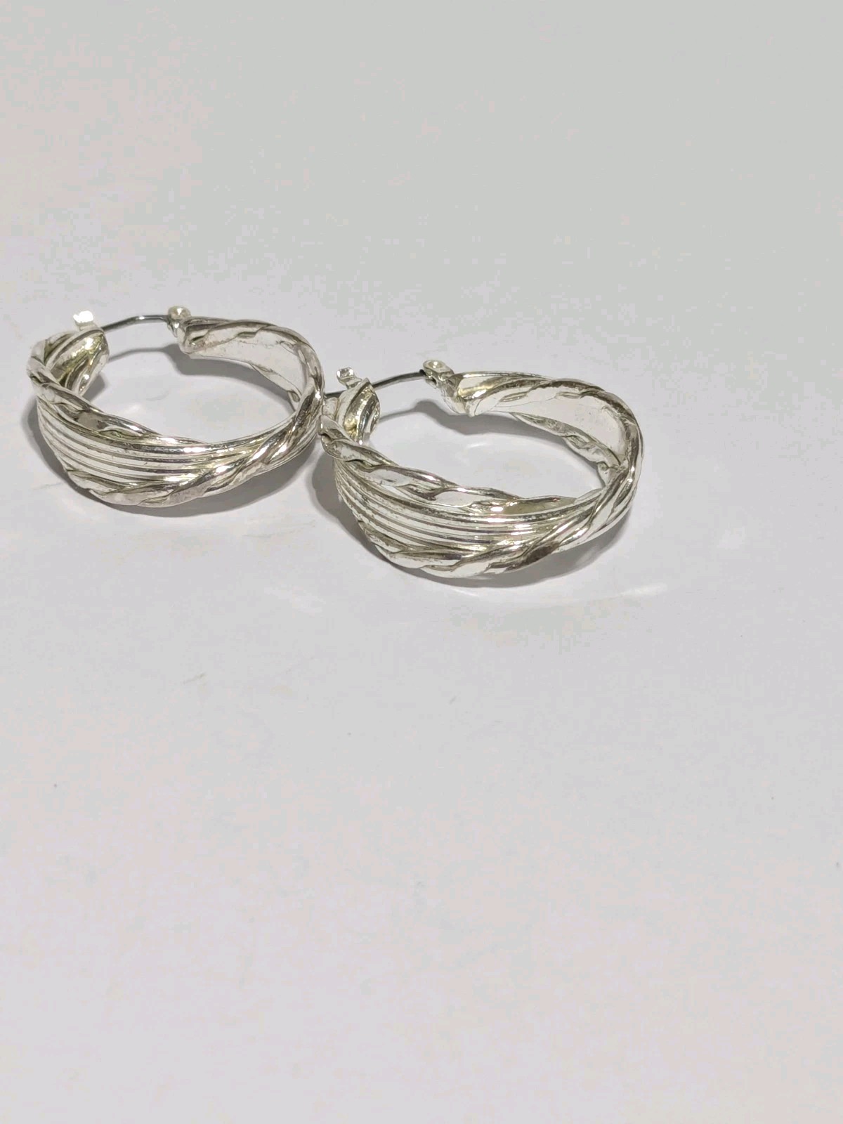 Silver Tone Twisted Textured Hoop Push Lock Dangle Earrings 1″.