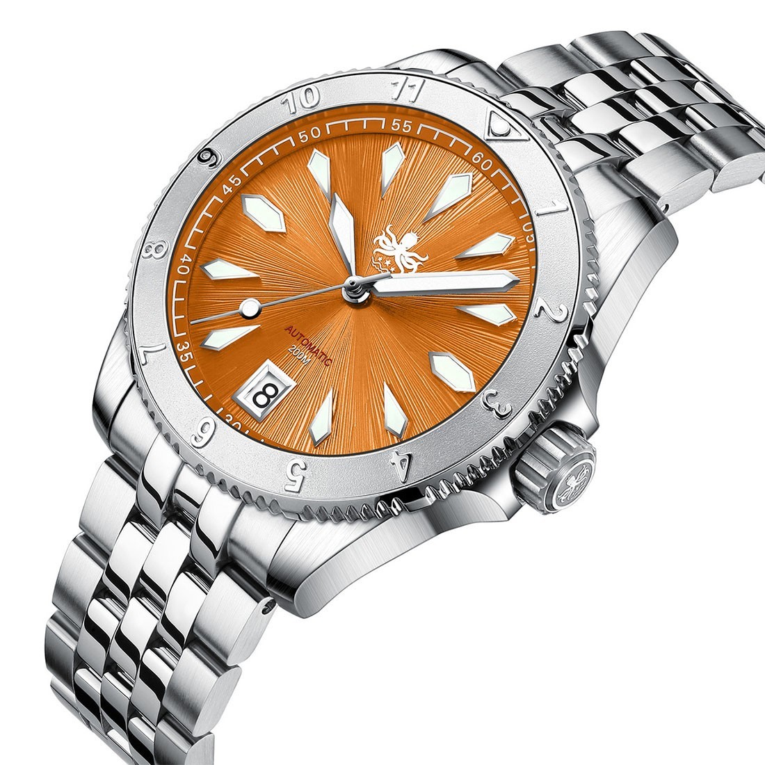 Phoibos Voyager 200M Steel Automatic Orange Sunray Diver Date Men’s Watch
