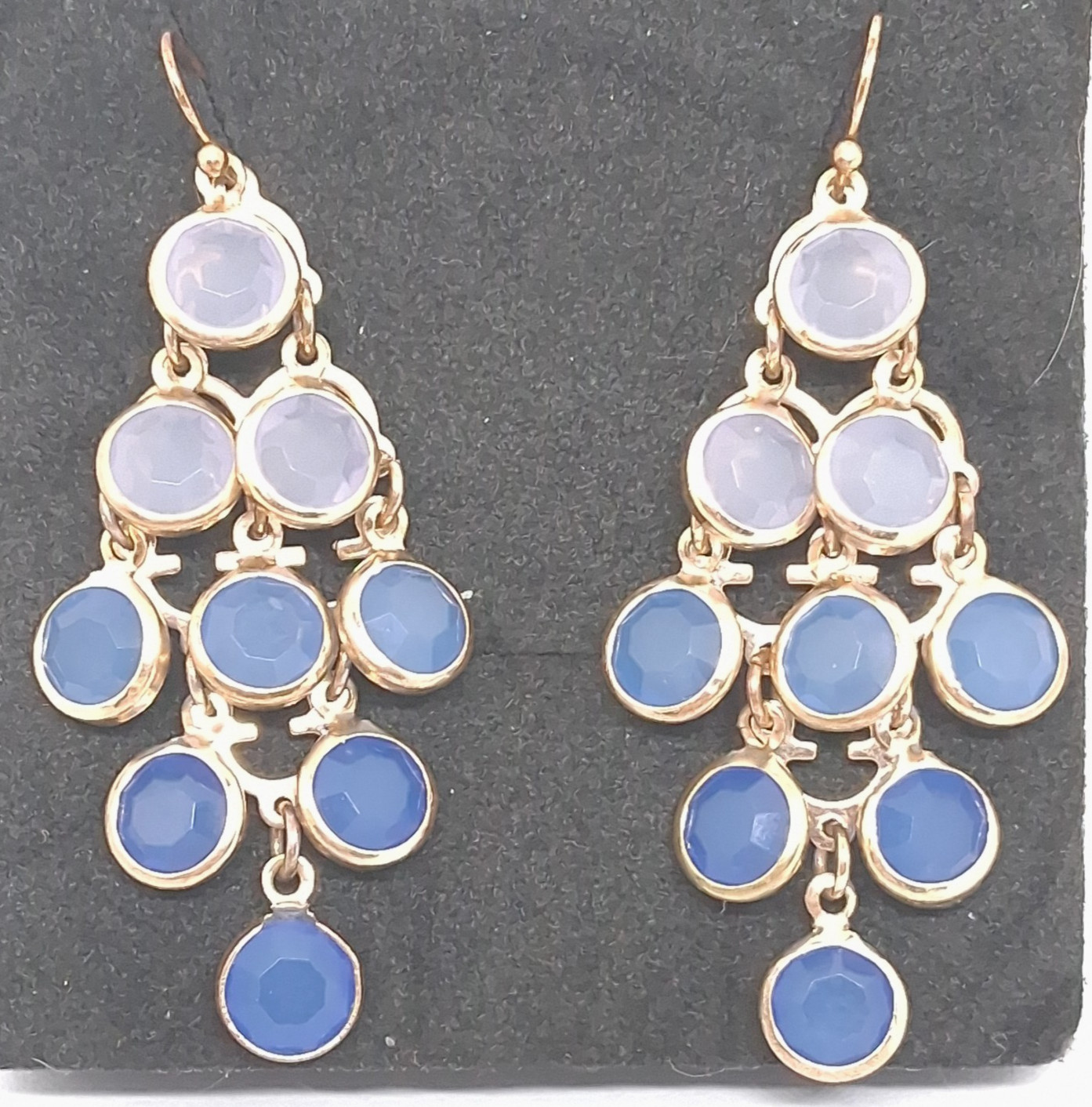Gold Tone with Blue Taper 2 Inch Chandelier Drop Hook Earrings