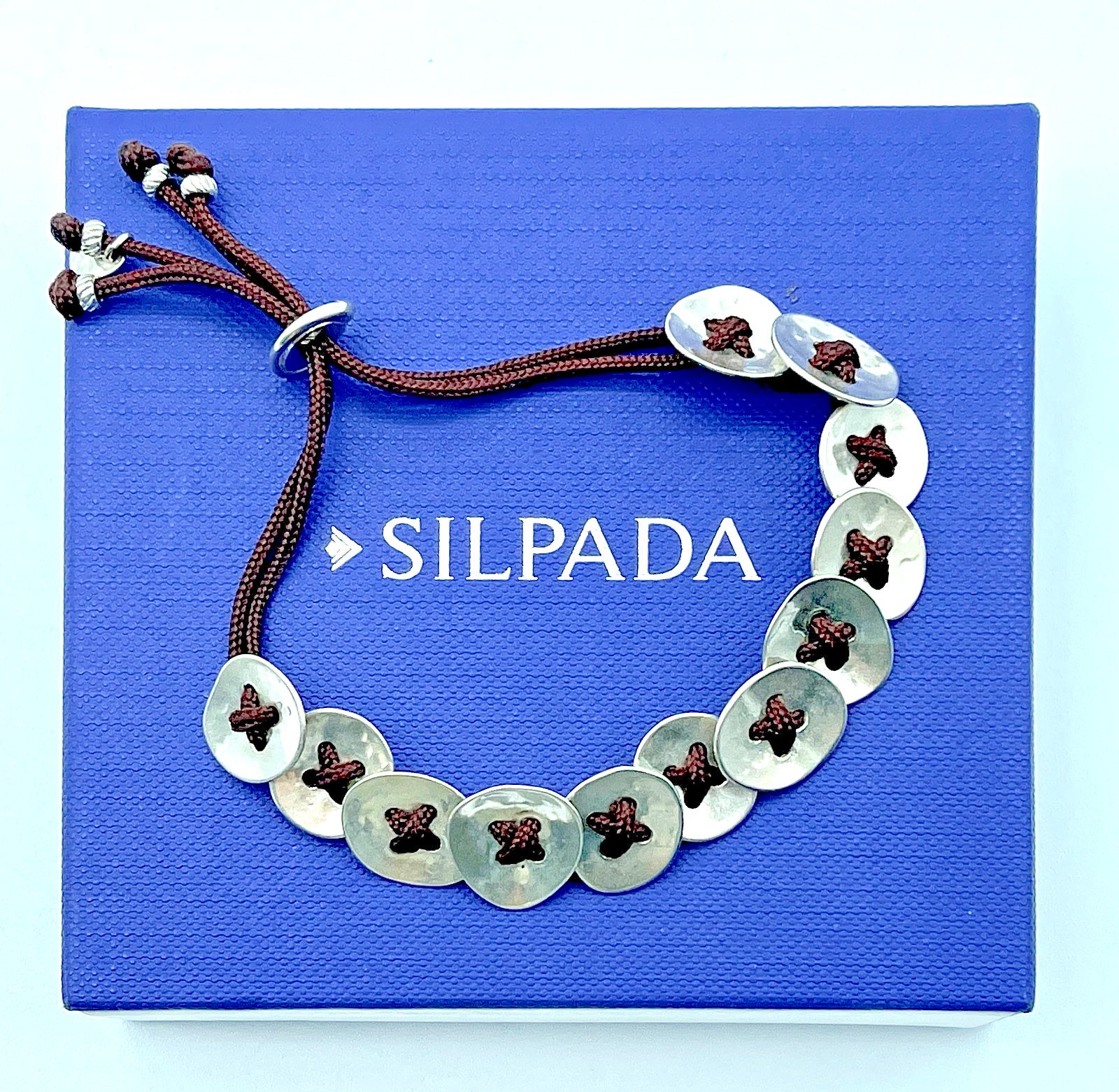 Vintage Silpada Sterling, Button Up, Disc Brown Pull Cord Adj. Bracelet, B2102