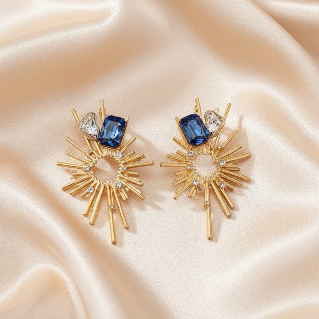 Art Deco Sunburst Earrings Gold CZ Star Museum Modern Molten Sun Boho Art Retro