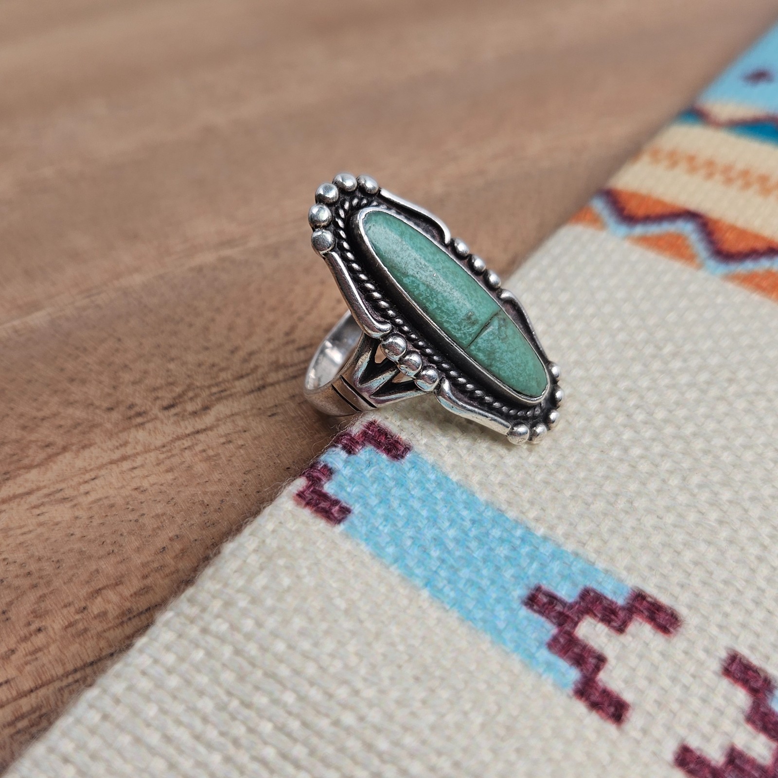 Bell Trading Post Navajo Sterling Silver Variscite Bead Twist Ring Size 7.5 Band