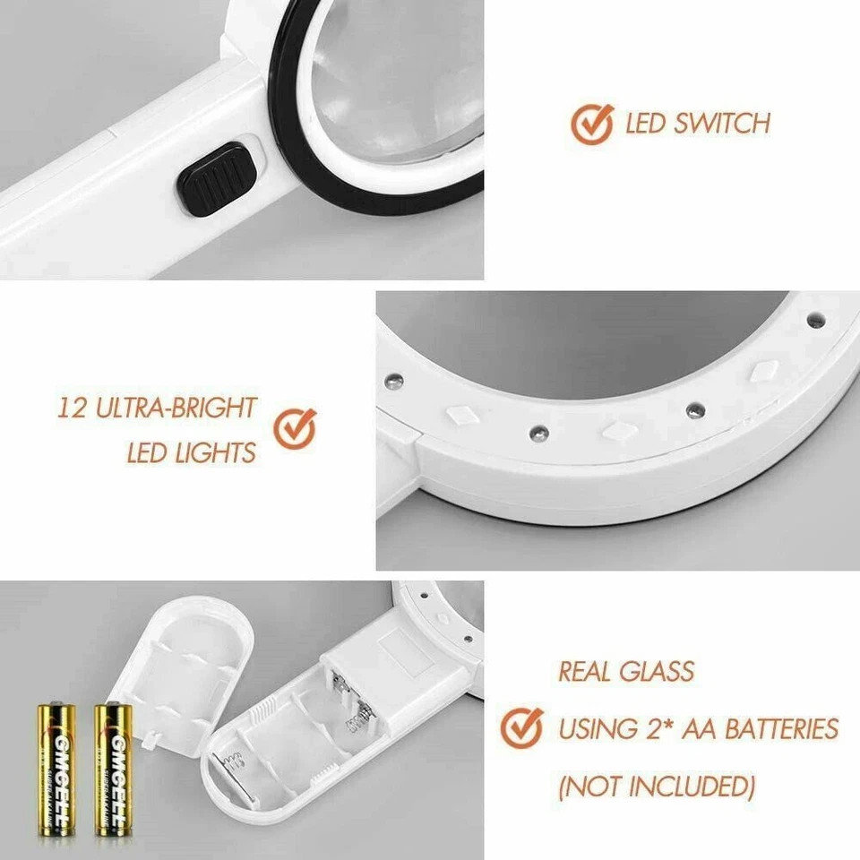 30X Jumbo Handheld Magnifying Glass w/ 12 Bright LED Light Illuminated Magnifier