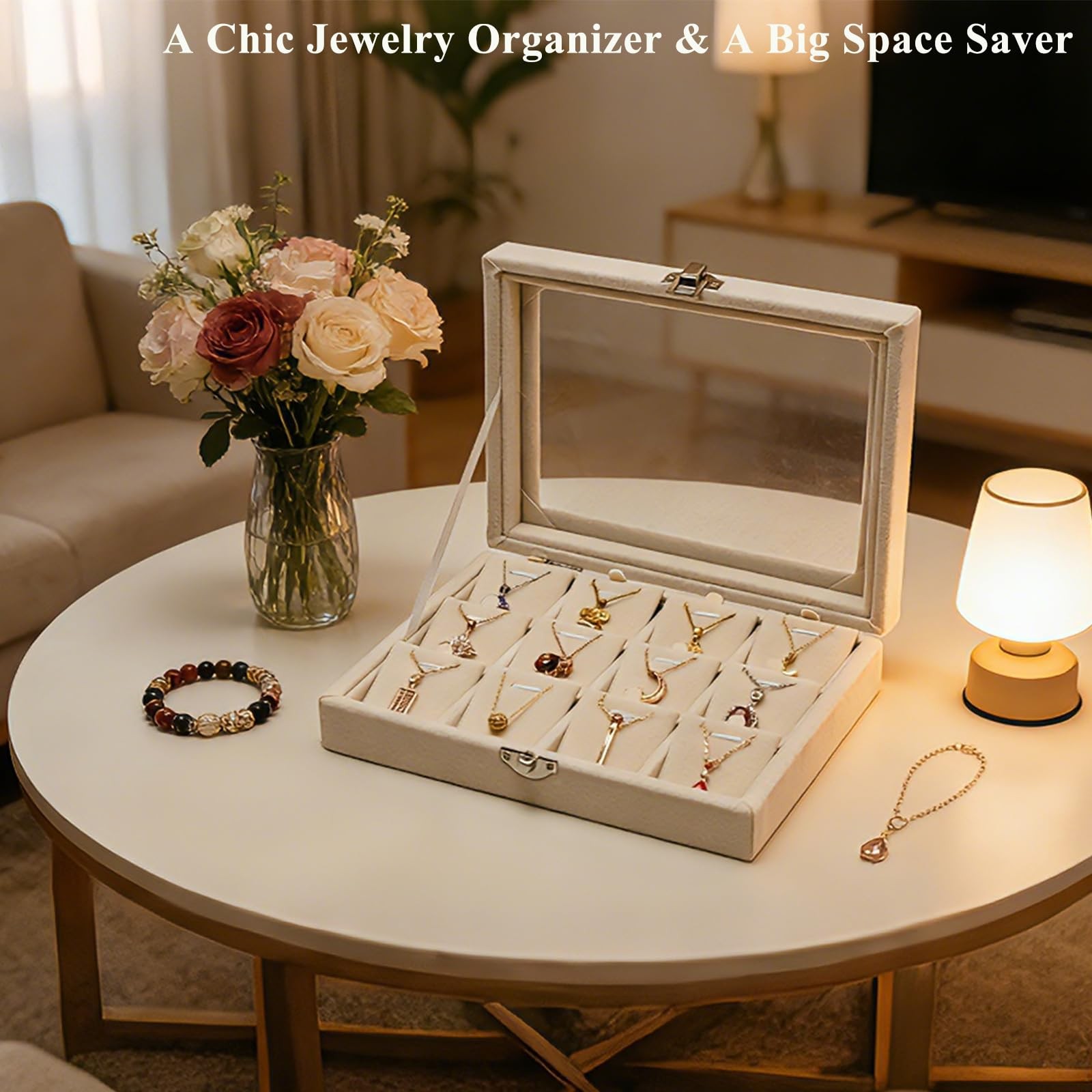Jewelry Necklace Organizer Tray, Beige Necklace Display Case for Storage Jewe…