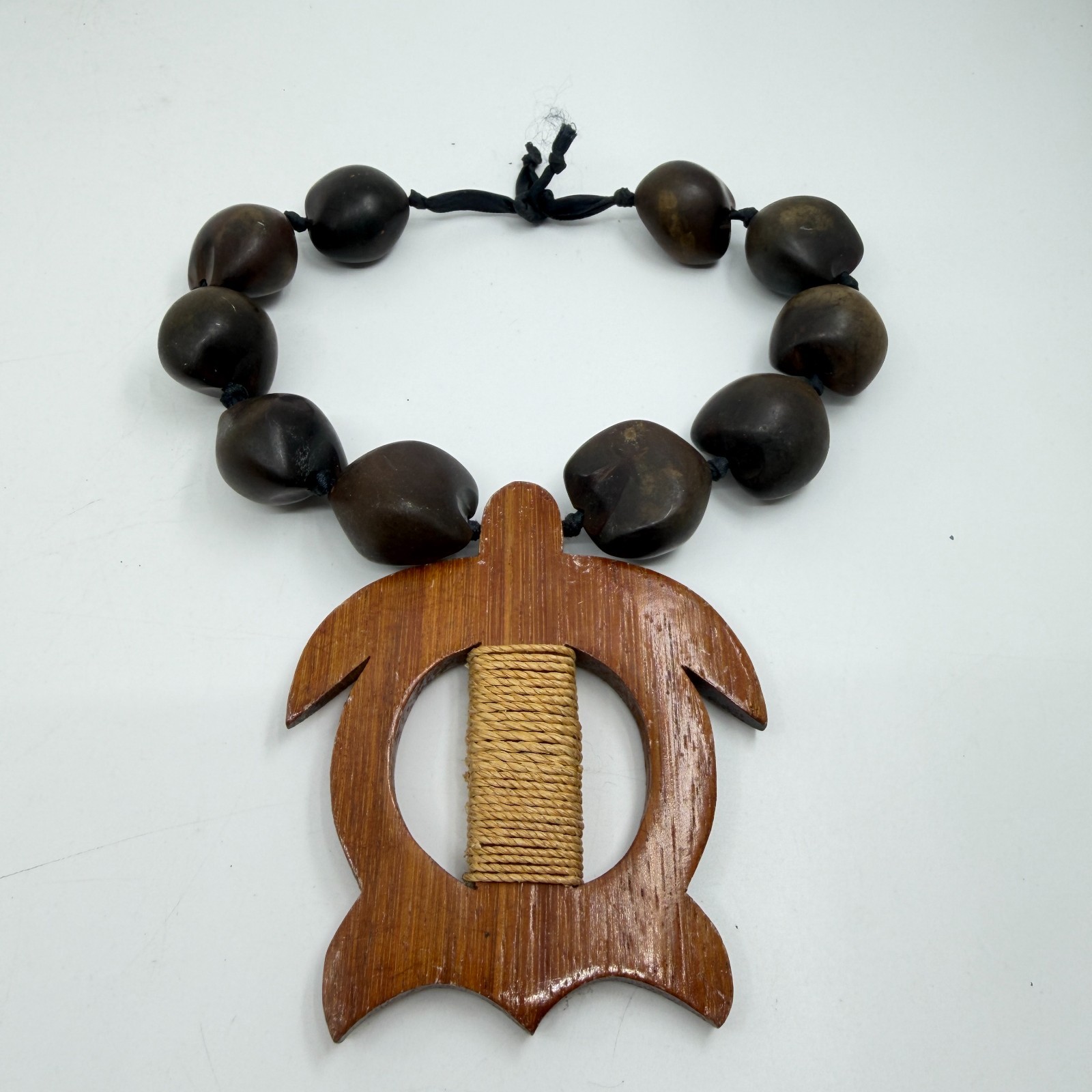 Chunky Brown Nut Bead Necklace Wood Sea Turtle Pendant Boho Tribal Statement