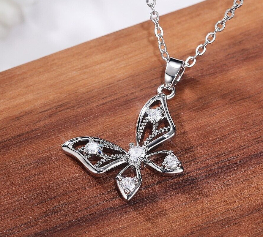 2 CT Simulated Diamond Valentine Gifts Necklace Silver Plated Butterfly Pendant