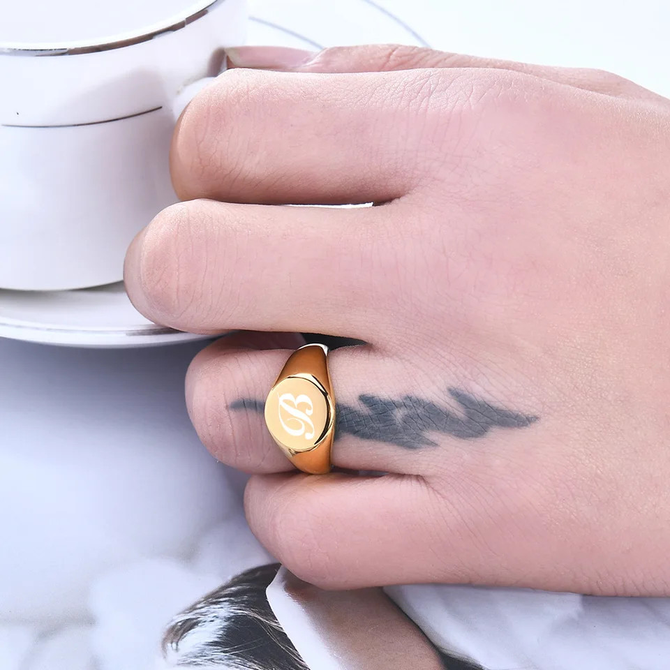 Initial Ring Gold Plated Stainless Steel Round Alphabet Signet Band Unisex