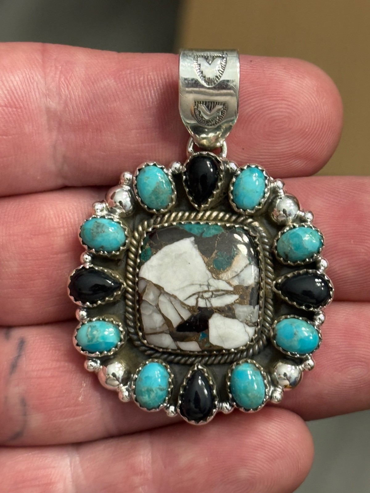 STERLING SILVER TURQUOISE WHITE BUFFALO MIX ONYX BIG CLUSTER DOME PENDANT .925