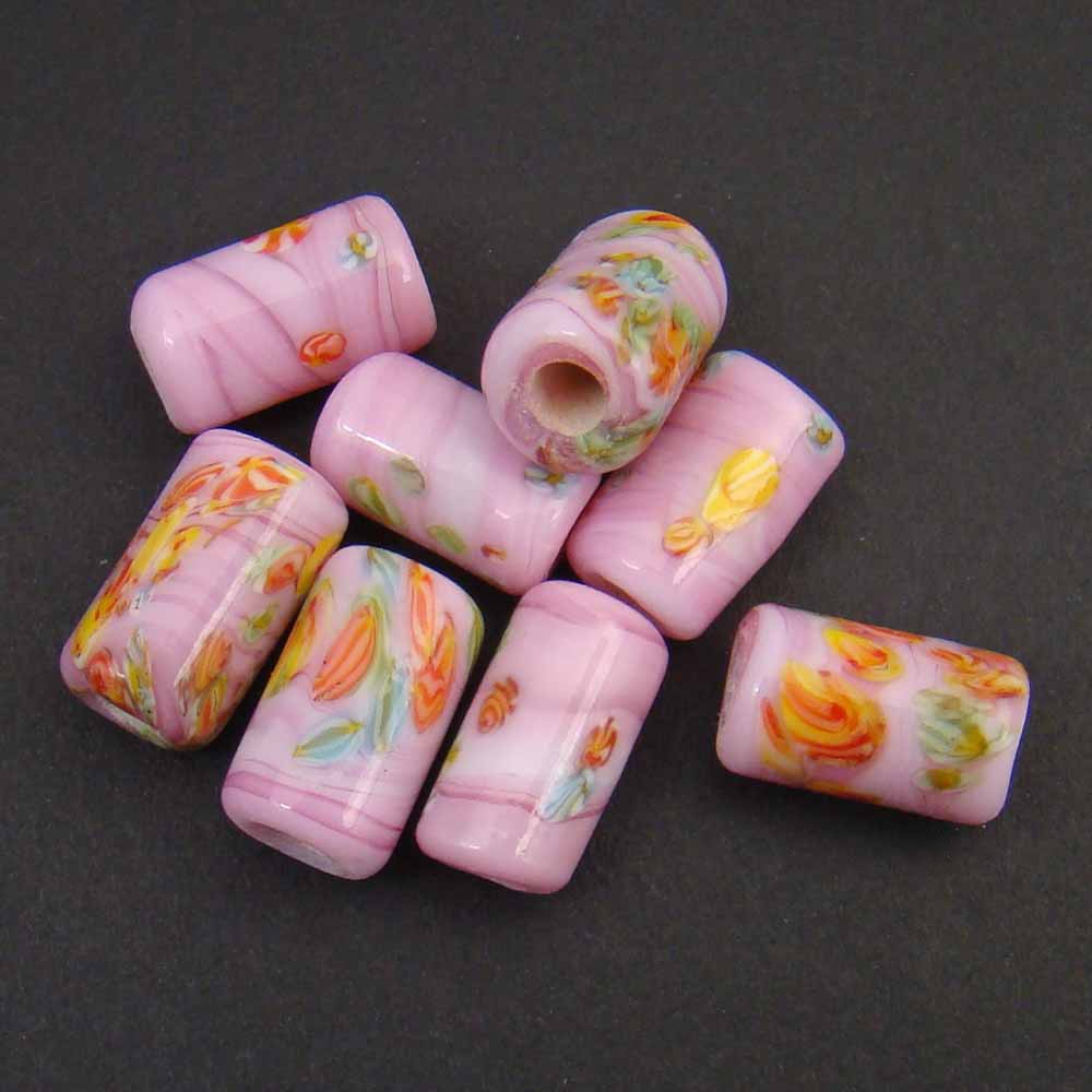 8 Vintage Japan lampwork large hole opaque pink glass murrine beads avg 14mm
