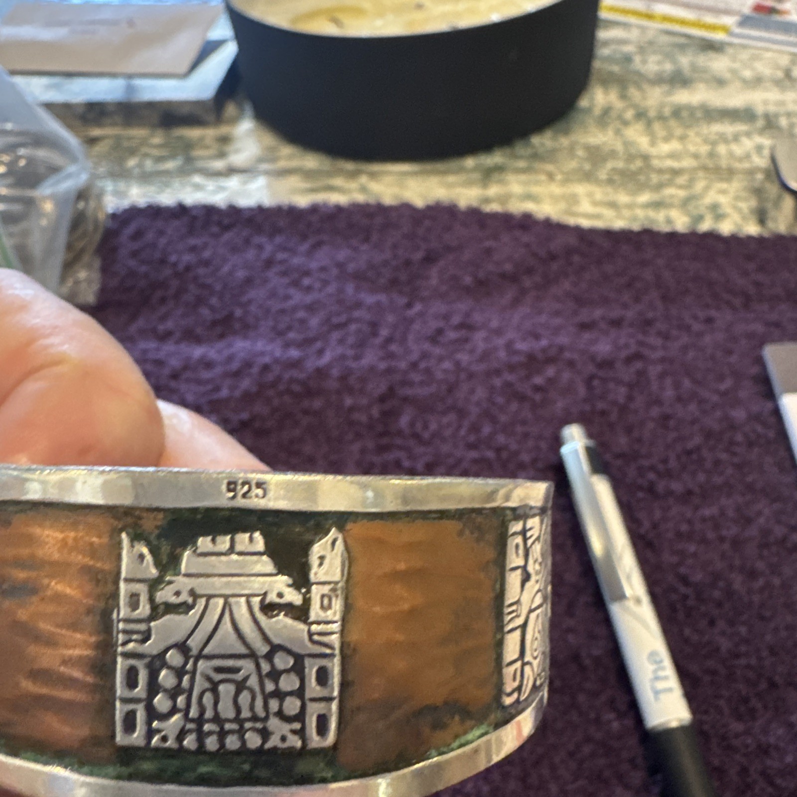 Sterling Stamped Cuff Bracelet with Copper/ Brass Overlay. Mayan Or Aztec Desig
