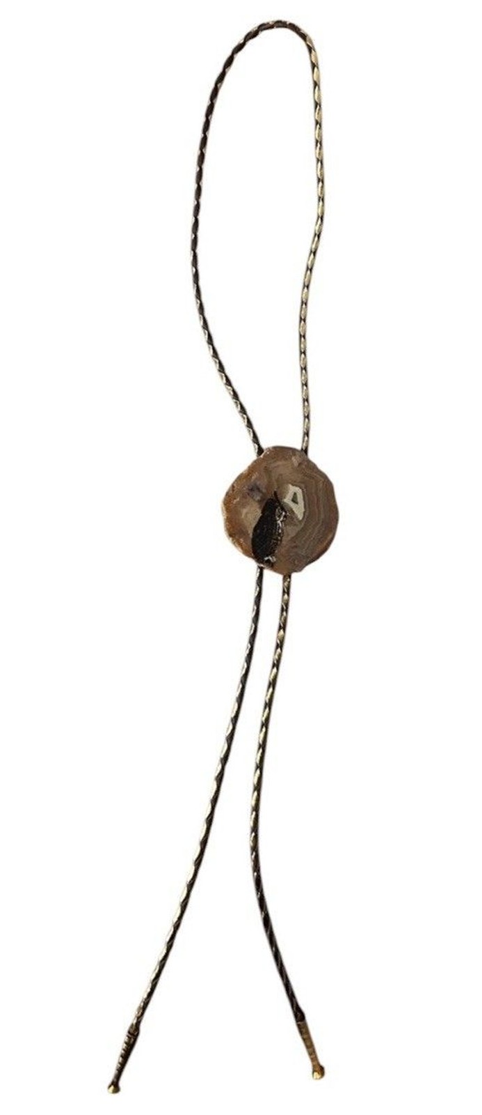 Vintage Hand Painted Owl Agate Slice Bolo Tie Brown Leather Gold Tone Western