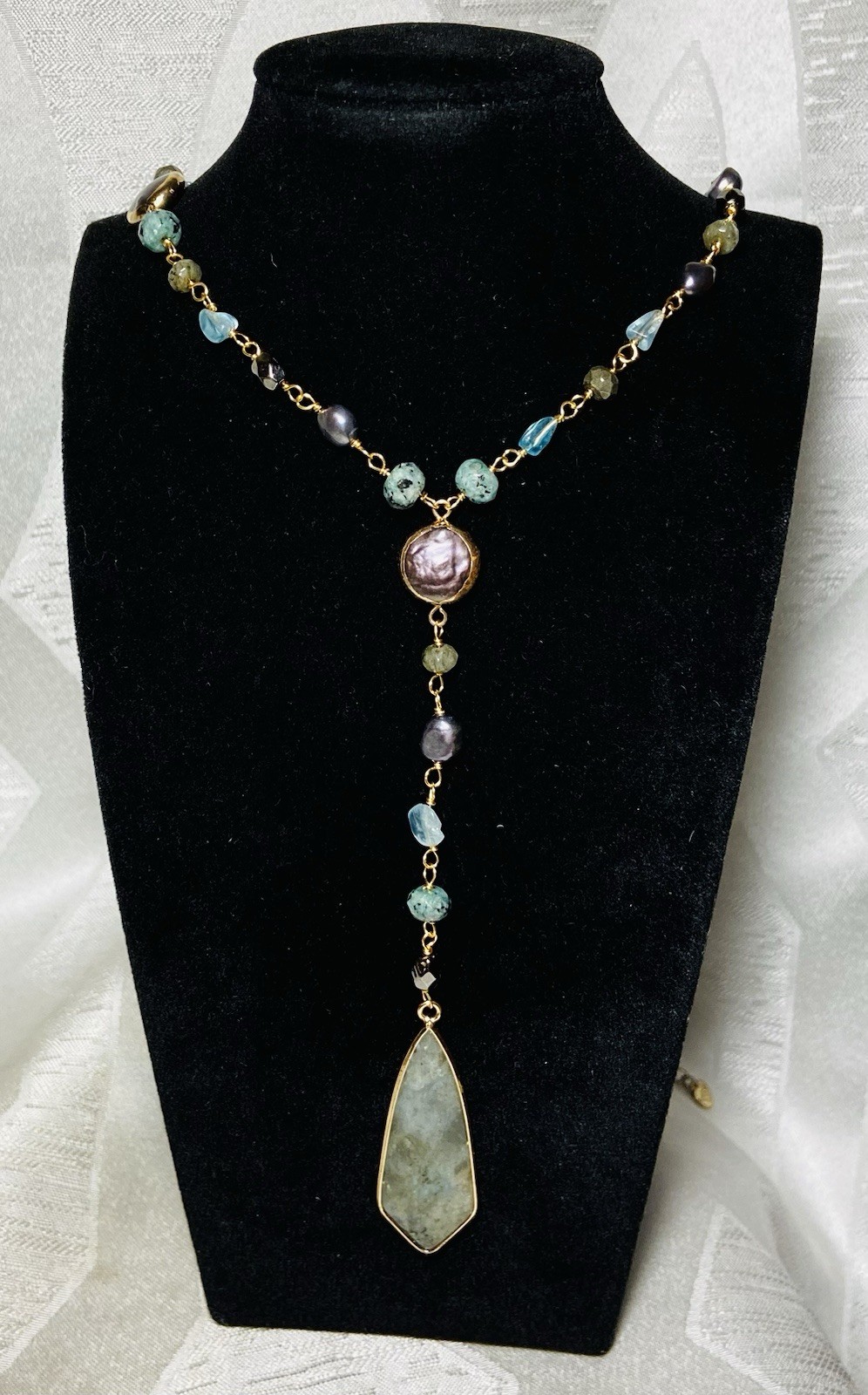 Nakamol Long Necklace Labradorite Freshwater Pearl MOP Gold Tone 30” Signed
