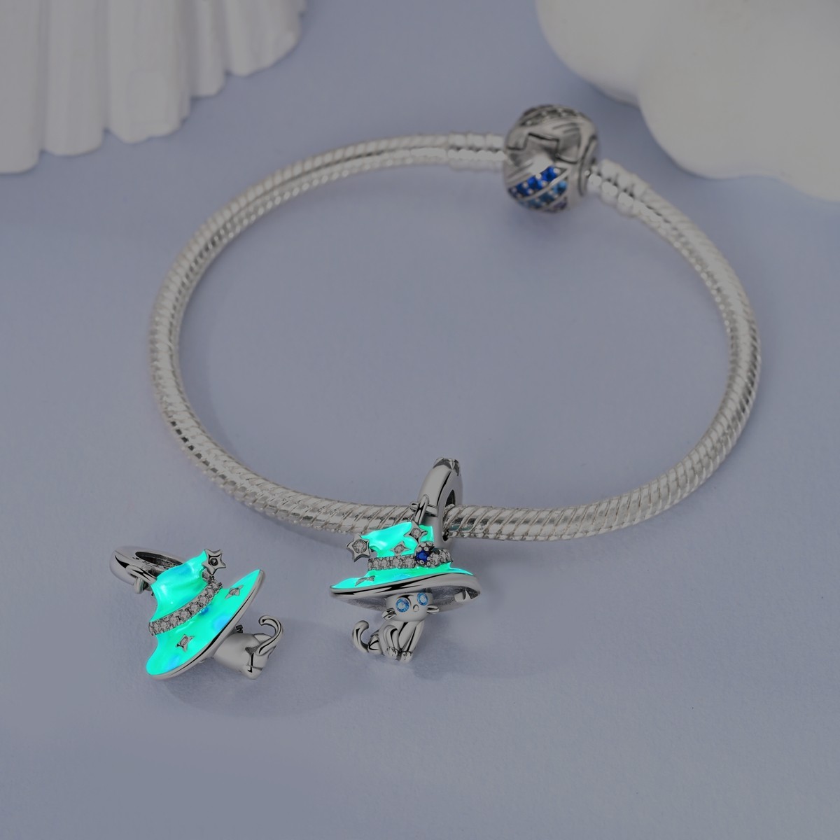 MULA 925 Sterling Silver Charm Luminous Magic Hat Cat Pendant for Women Bracelet
