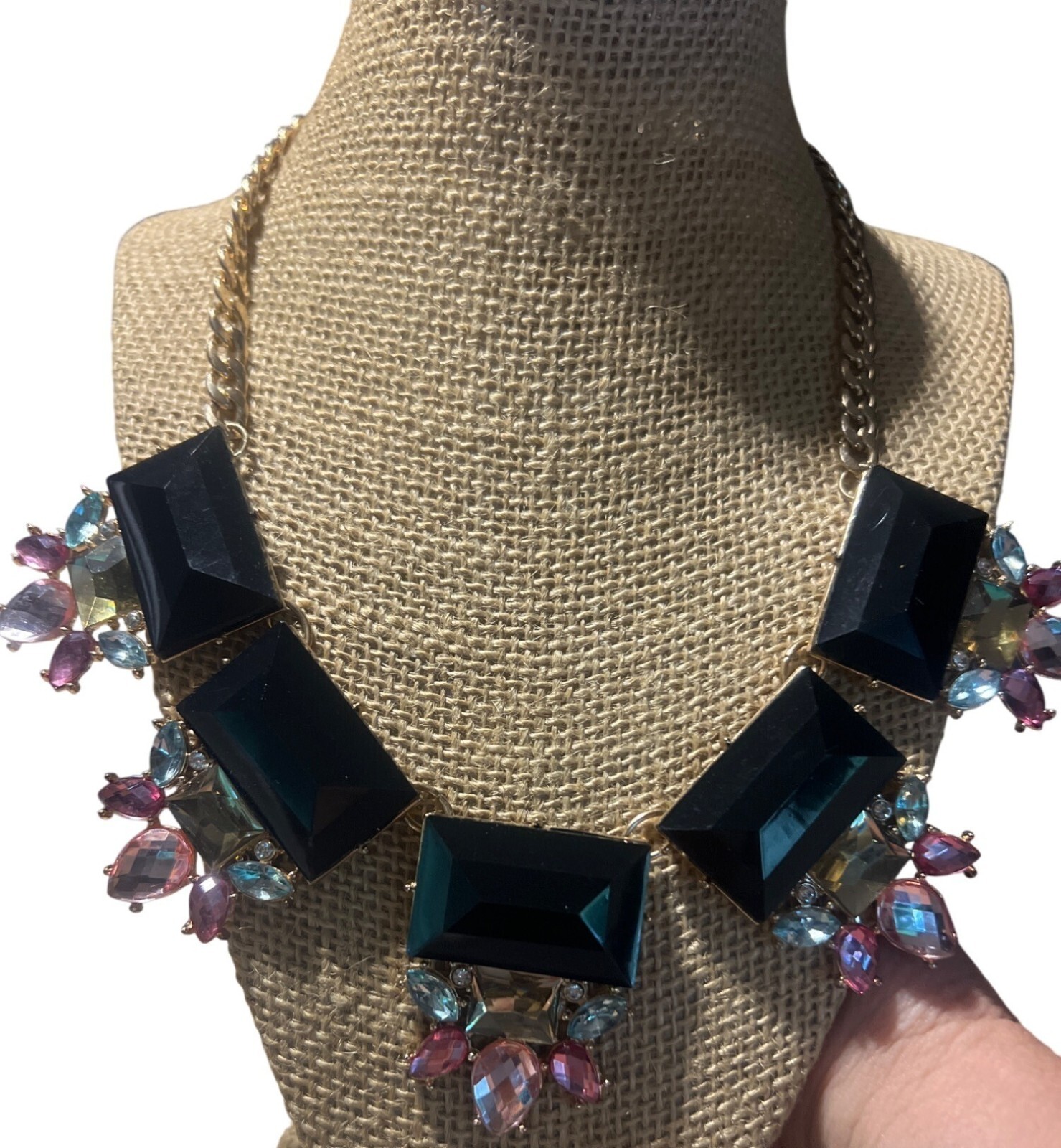 Gold Tone Cuban Flat Chain Statement Necklace Bib Rhinestone Black Pink Blue 21″