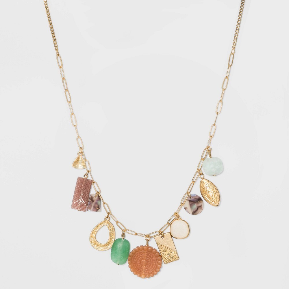 SEMI-PRECIOUS Cream Opal & Jade Charm LONG NWT Univeral Thread Necklace Jewelry