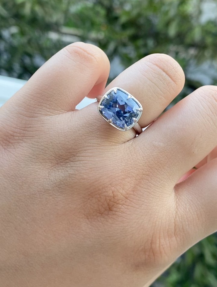 14K White Gold Bridal Ring, Blue sapphire Cushion Cut Diamond Ring in 4.00 Ct