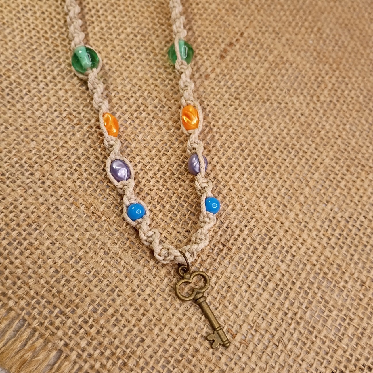 New Natural Hemp Necklace W/ Key Charm & Mixed Beads 16-20 in Macrame, Handmade