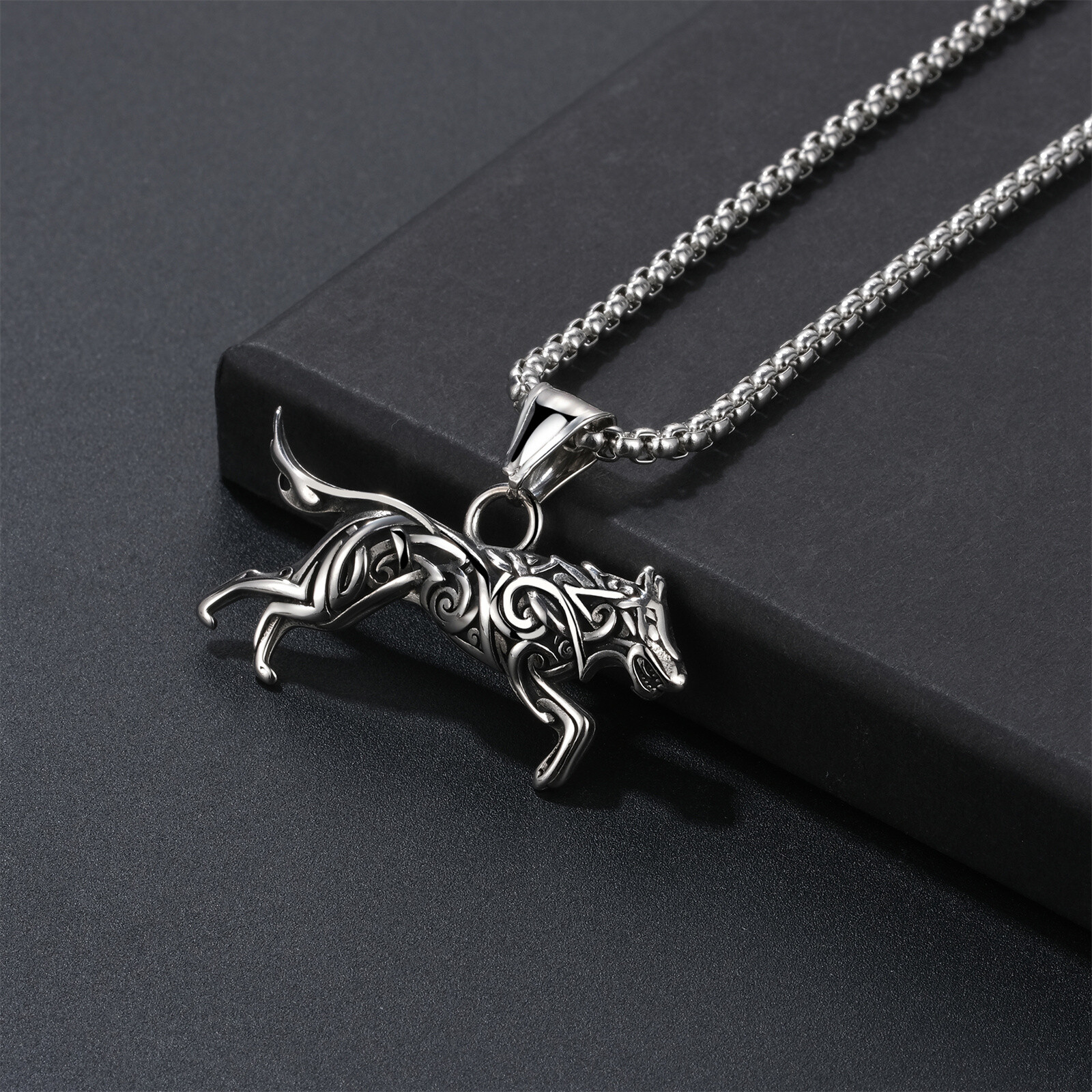 Mens Nordic Viking Wolf Necklace Stainless Steel 3D Fierce Running Wolf Necklace