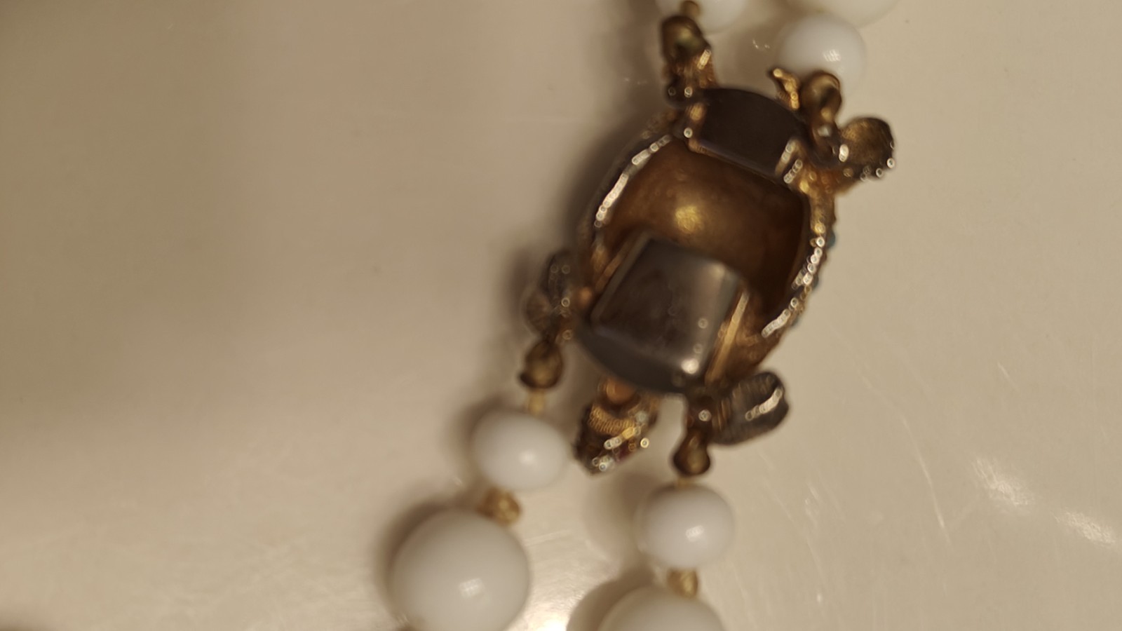 Wh Vtg Knotted Bead Dbl Strand Choker Necklace Rhinestone Seed Bead Turtle Clasp