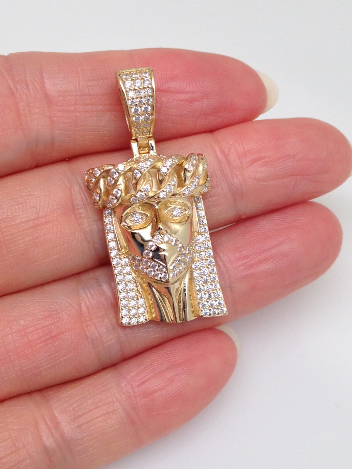 925 Sterling Silver Gold Jesus Head Face CZ Pendant Men 25mm(0.98″)/37mm(1.46″)