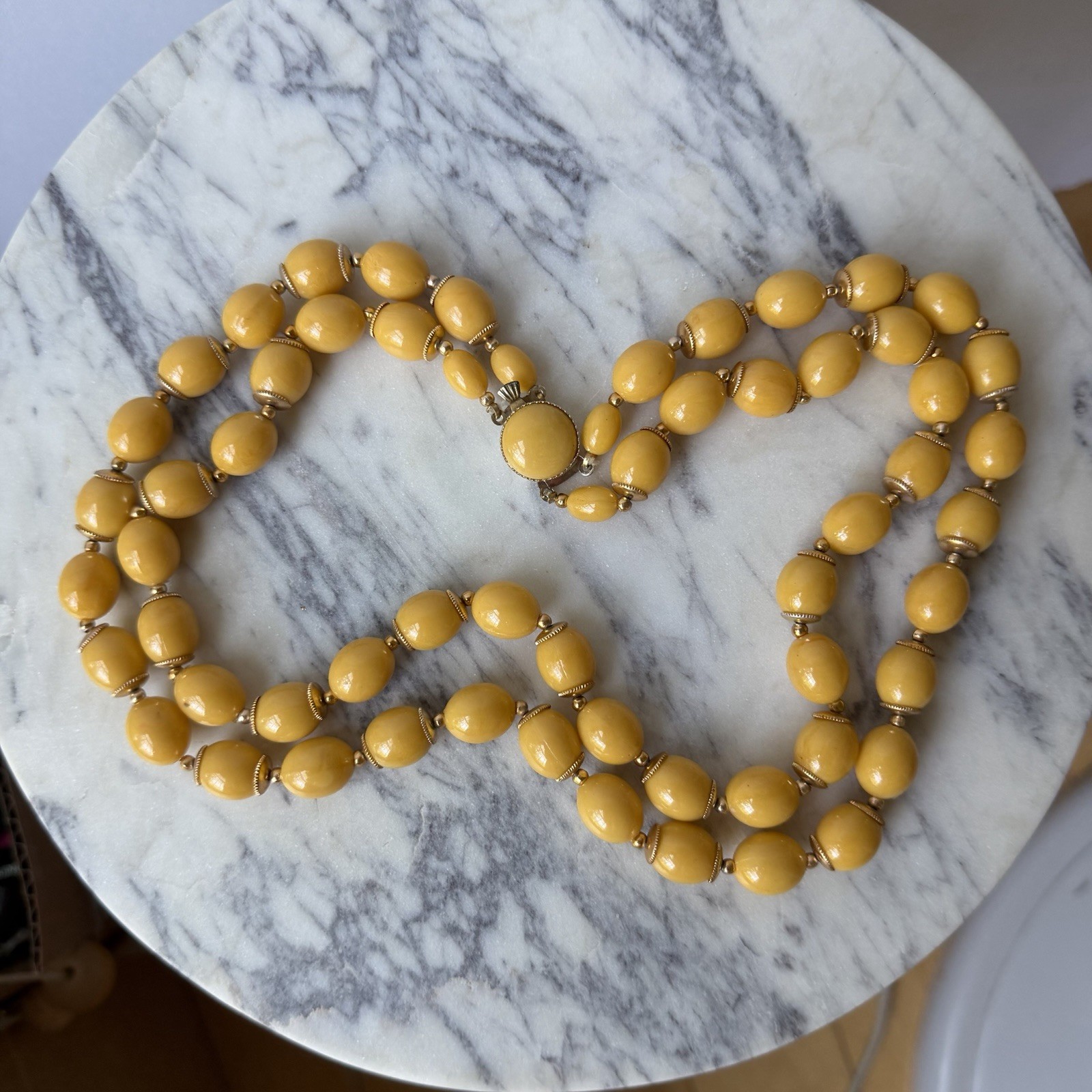 Vintage Hong Kong Double Strand Mustard Yellow Lucite Bead Necklace 18” MCM