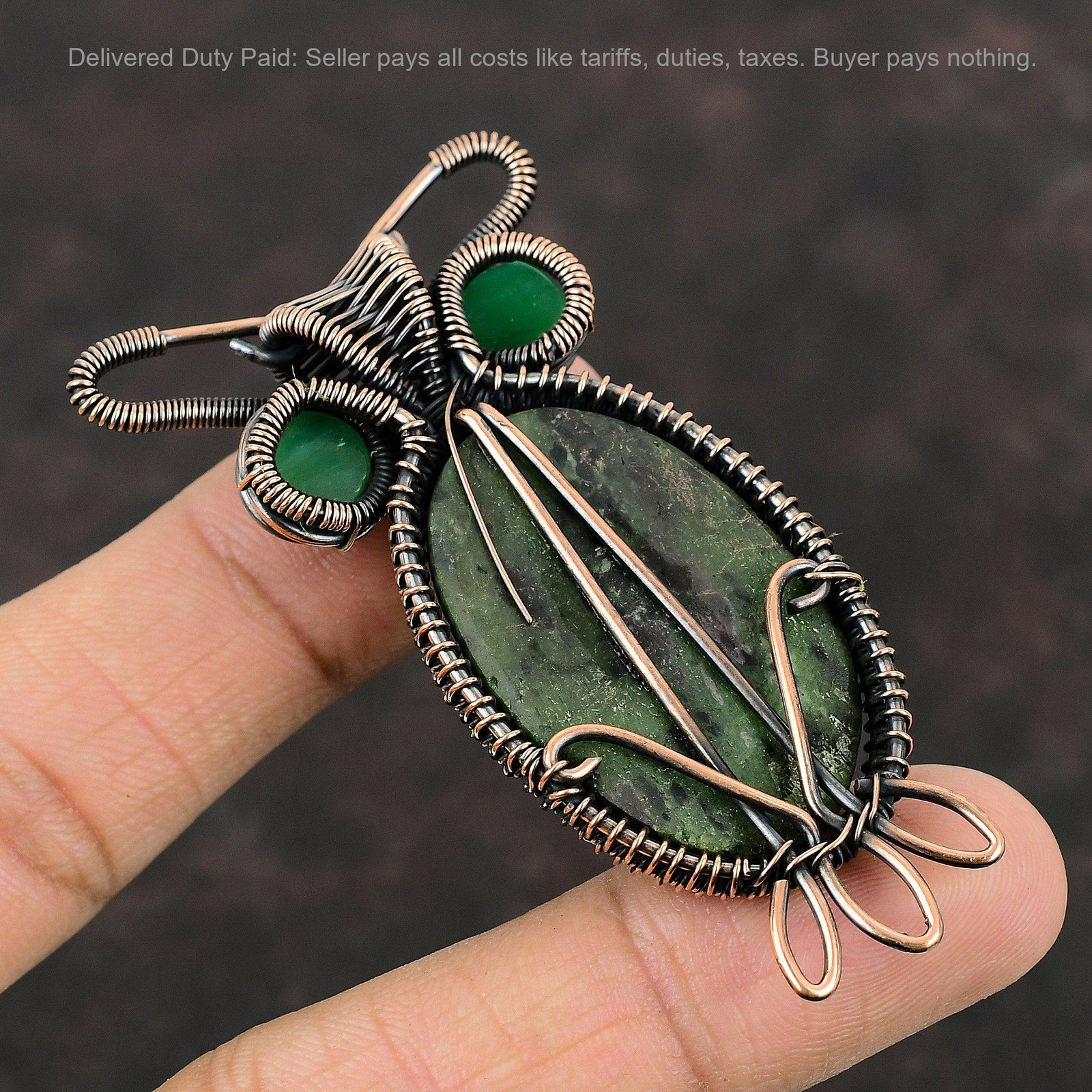 Ruby Zoisite Stone Green Color Evil Eye Copper Wire Wrapped Owl Pendant Jewelry