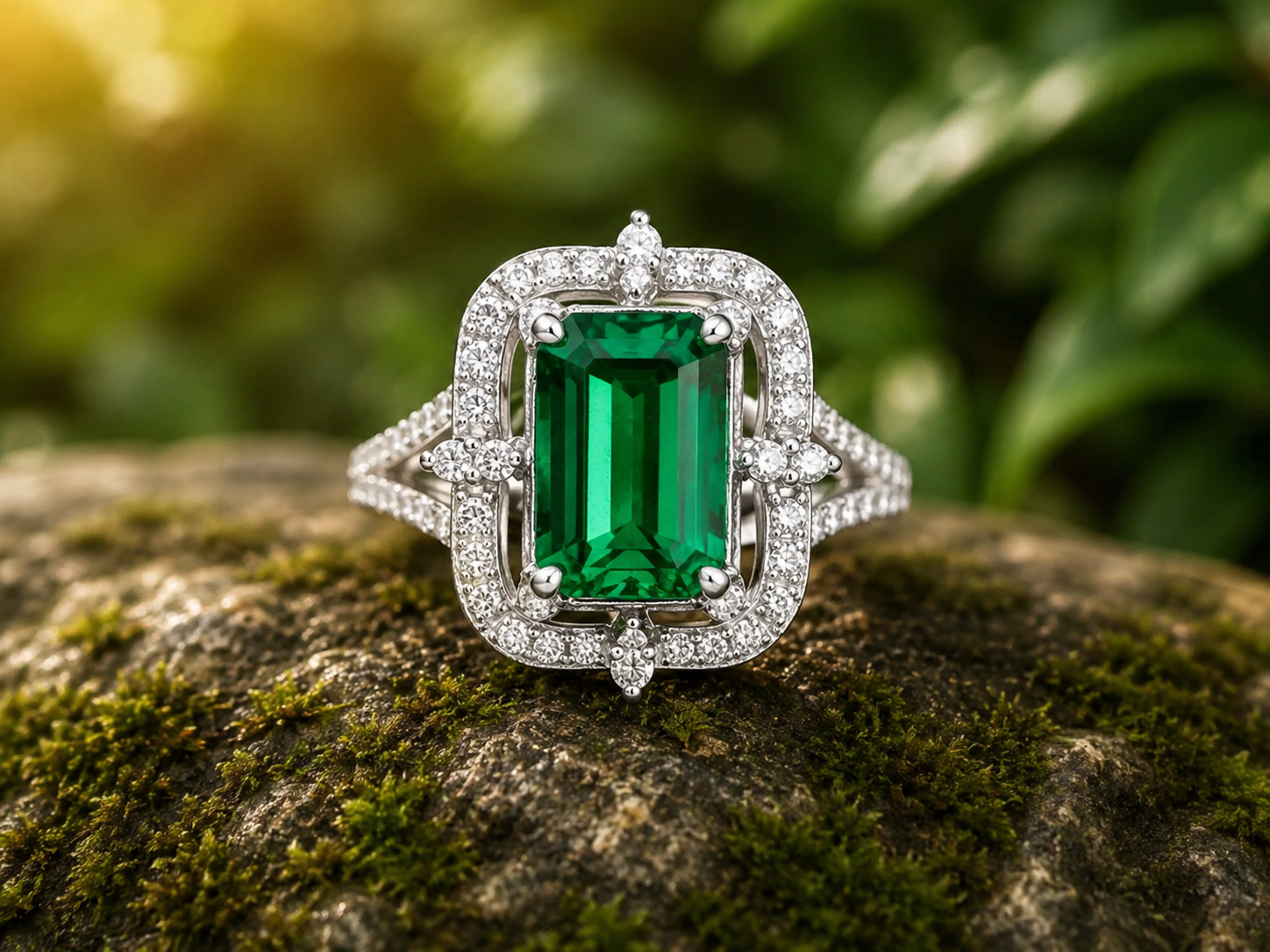 4Ct Lab Created Green Emerald Halo Engagement Wedding Ring 14k White Gold Plated