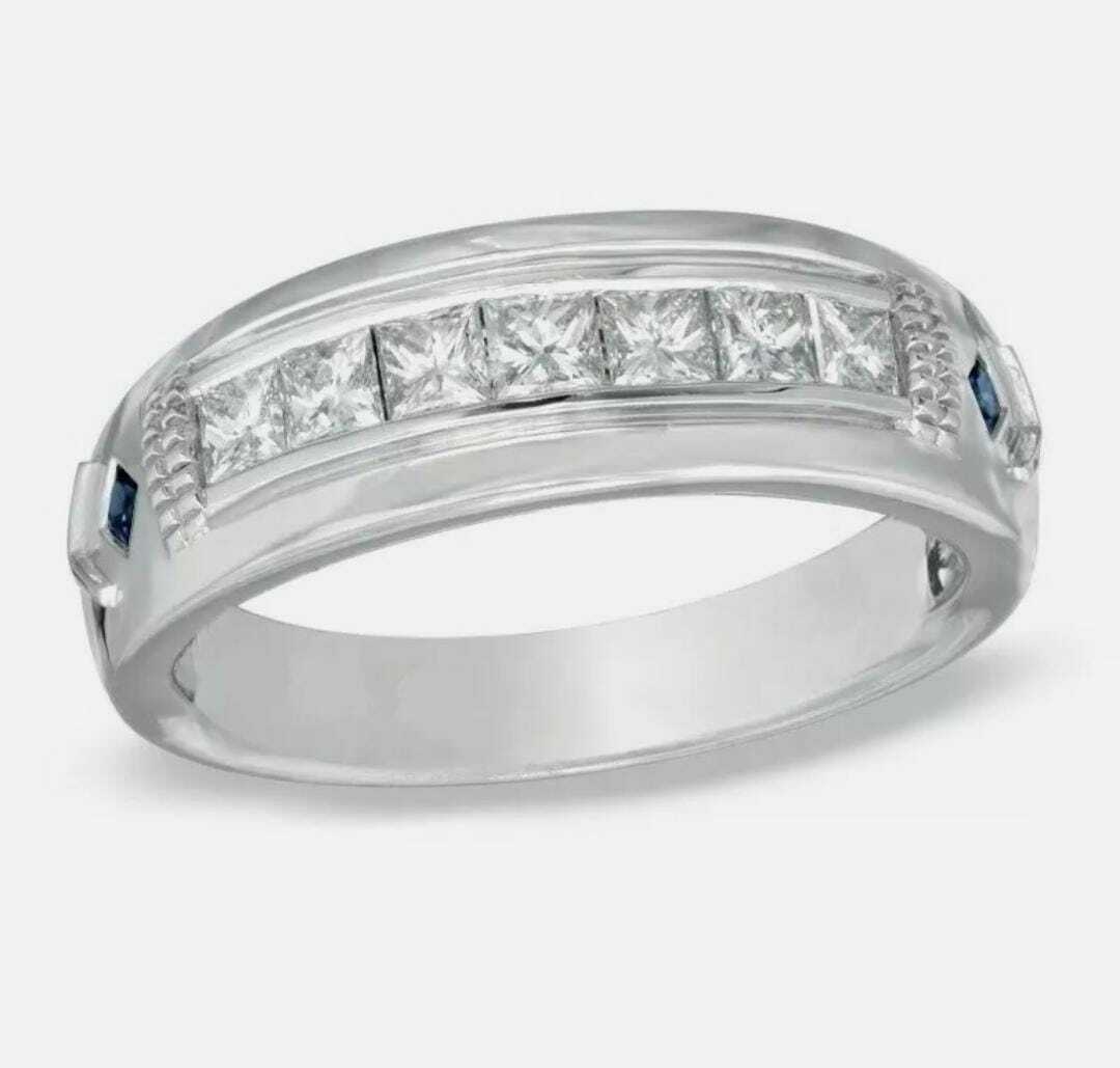 0.82Ct White & Blue Princess Men’s Wedding Ring In Solid 14K White Gold