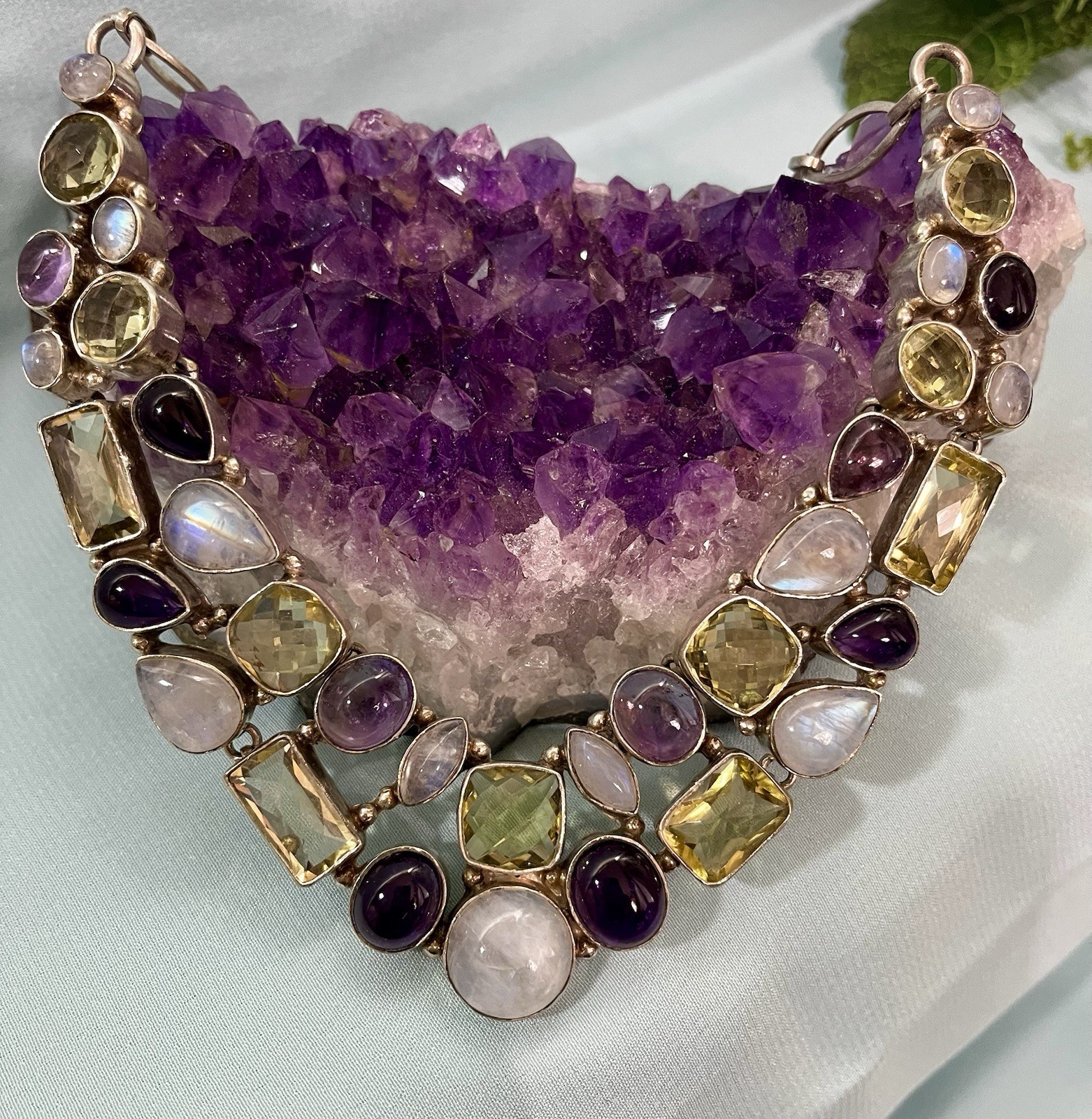 Sterling Silver Multi-gem Moonstone Tourmaline Amethyst Necklace Healing 96 Gram