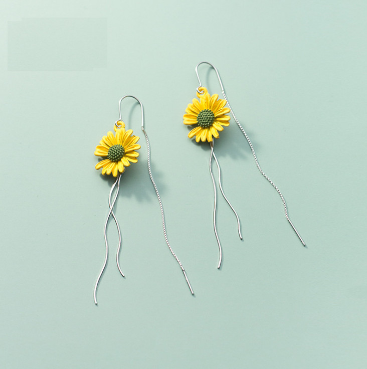 925 Sterling Silver Daisy Flower Dangle Drop Pull Through Threader Earrings PE48