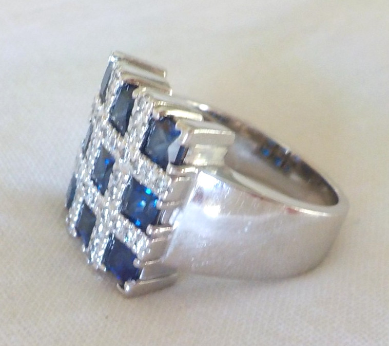 14k White Gold Panel Cluster Sapphire Diamond Ring – 9.50 gms, Sz 6.5, 2.0 ctw