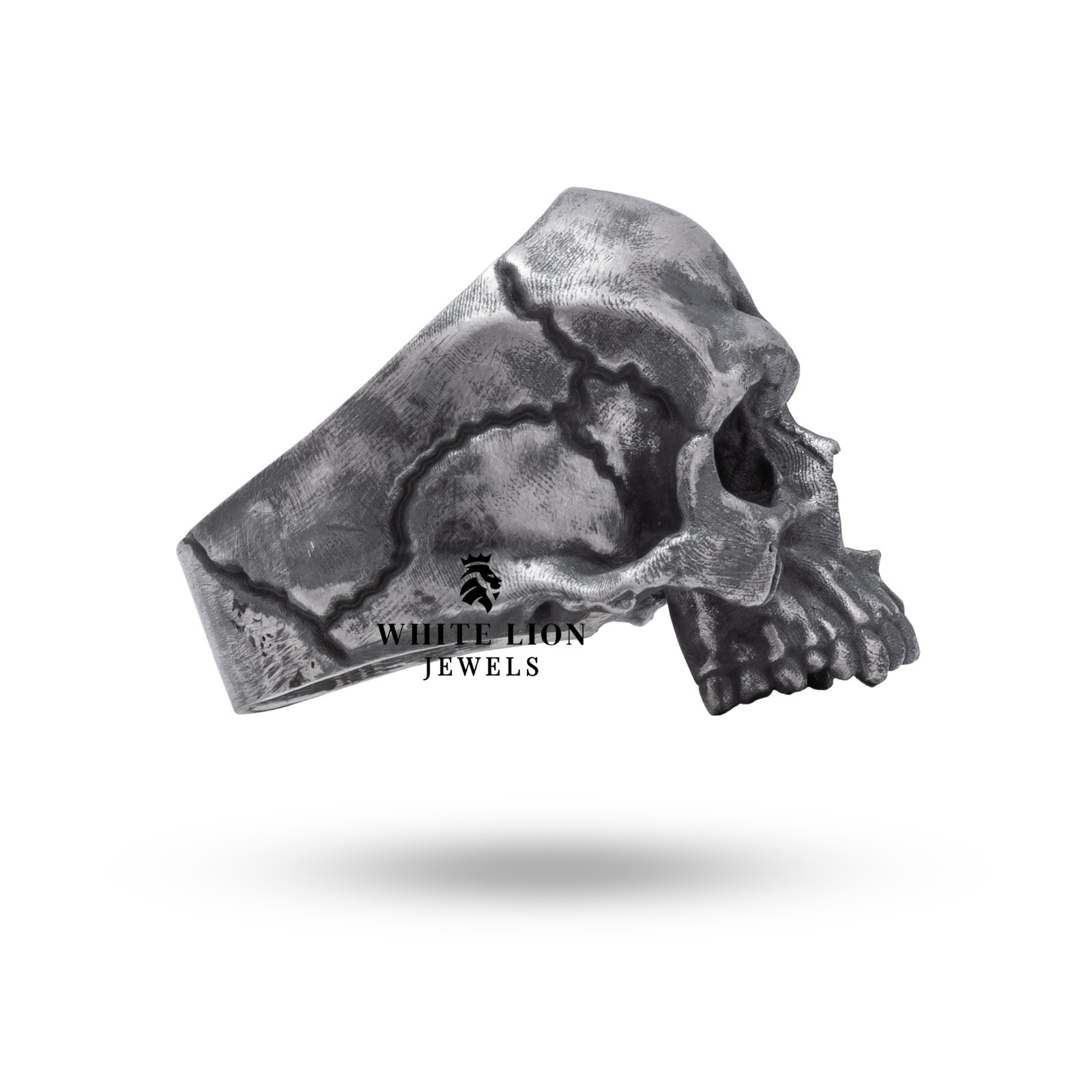 Gothic Half Jaw Biker Rider 925 Silver Skull Crack Oxidized Ring