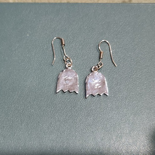 ENAMEL EARRINGS~PAC MAN GHOSTS~SILVER BLACK DANGLE PIERCED .75″ X .5″ FASHION