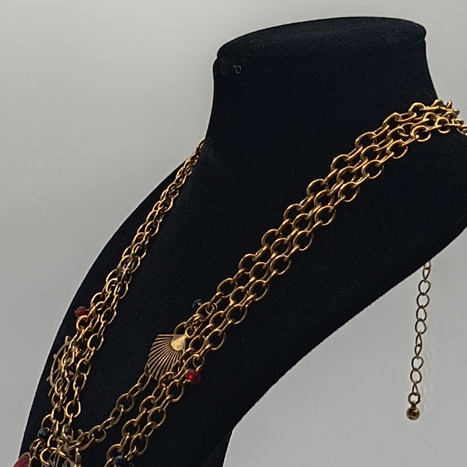 Gold Tone Cable Chain Layered Charm Necklace Nautical Pirate Red Oval Glass